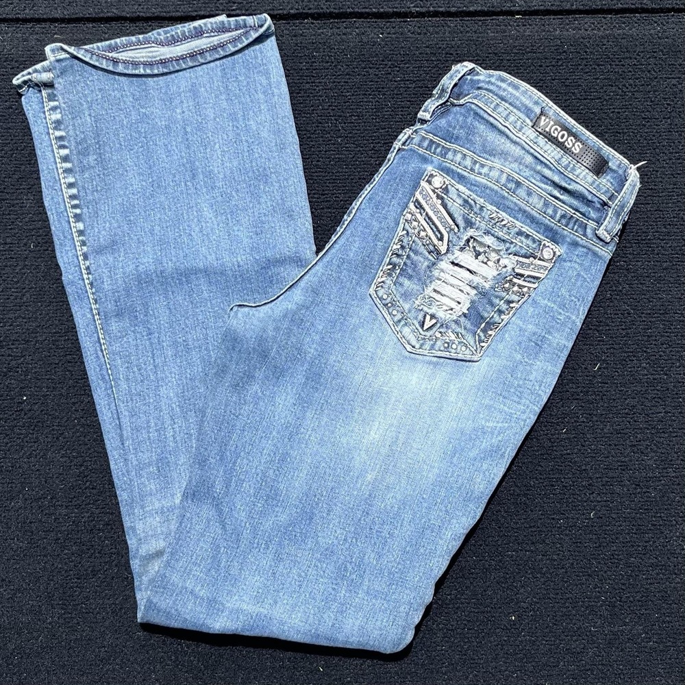 Vigoss Jeans Womens 8 Blue Medium Wash Slim Boot Embellished Rhinestone Denim